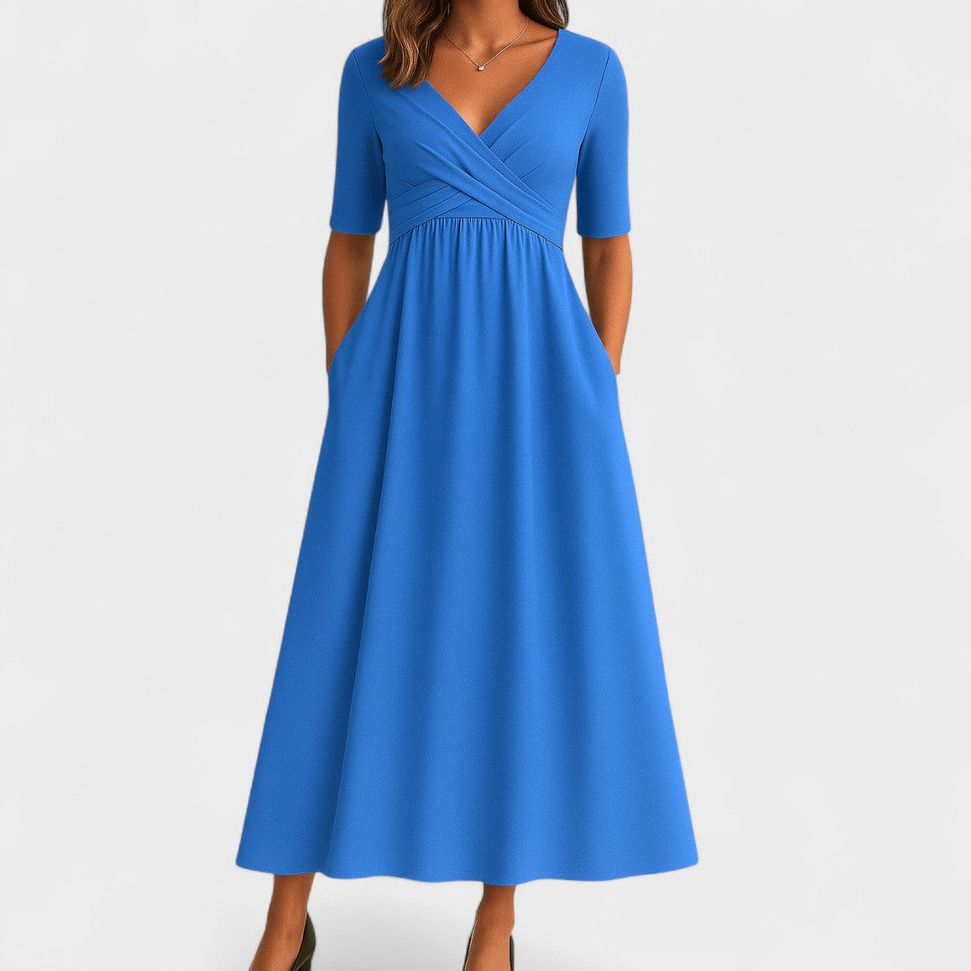 Vielseitiges Damen Midi-Kleid, elegant & bequem, für Freizeit, Sommer & täglich. Mit Wickelausschnitt.