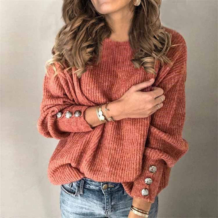 Hochwertiger Damen-Langarmpullover, elegant mit Knopfdetails, perfekt für Büro & Freizeit.