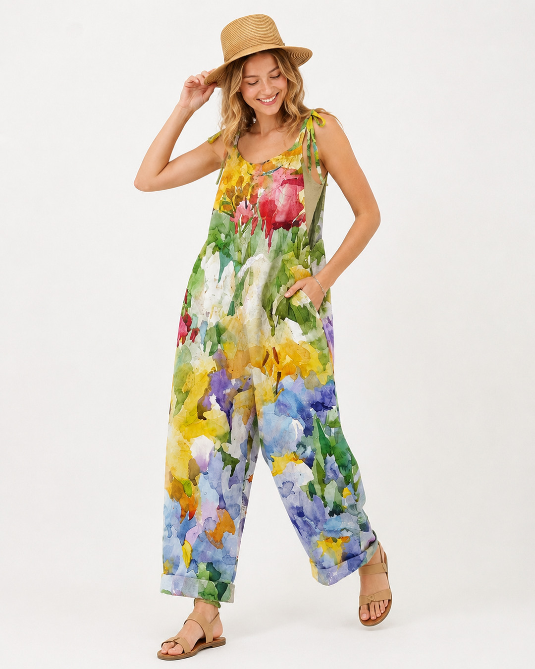 Eleganter Damen Jumpsuit mit floralem Blumenmuster, weitem Bein und Gürtel, ideal für Sommer oder festliche Anlässe.