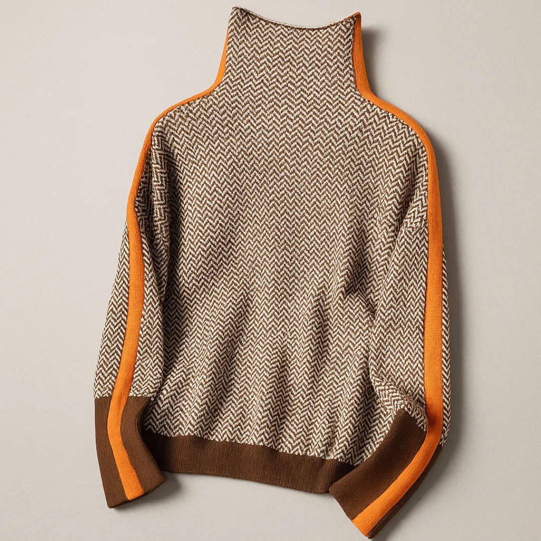 Gestreifter Damenpullover mit modischem Stehkragen. Warmer, bequemer Langarm-Pullover für Herbst und Winter.