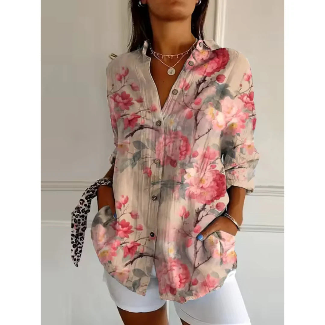 Damenbluse mit feinem Muster-Print, langer Arm, locker geschnitten; stilvoll für Büro & Freizeit.
