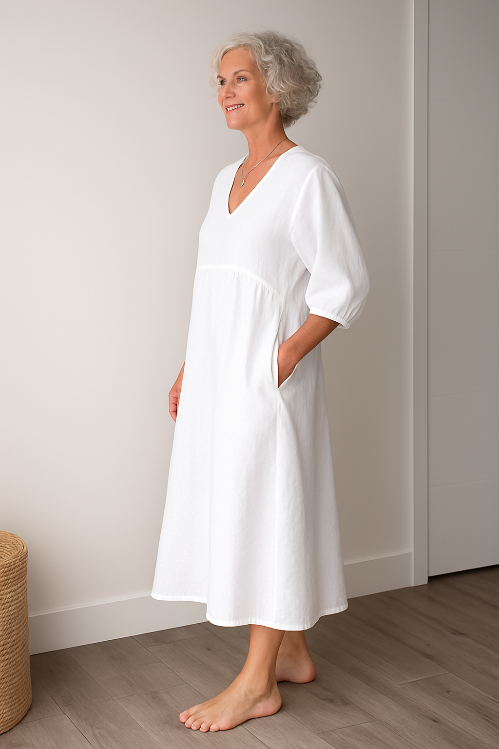 Elegantes, bequemes Damen Midikleid mit V-Ausschnitt & Kurzarm, ideal für den Alltag.