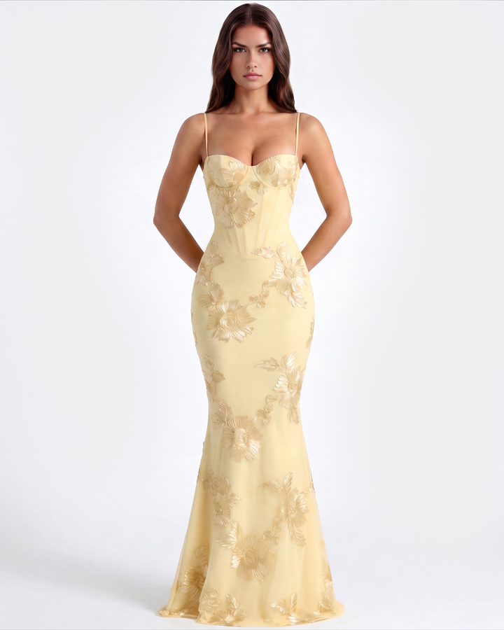 Maxikleid für Damen: Festlich, buttergelb, mit Blumenmuster, ideal für Hochzeiten und elegante Partys.