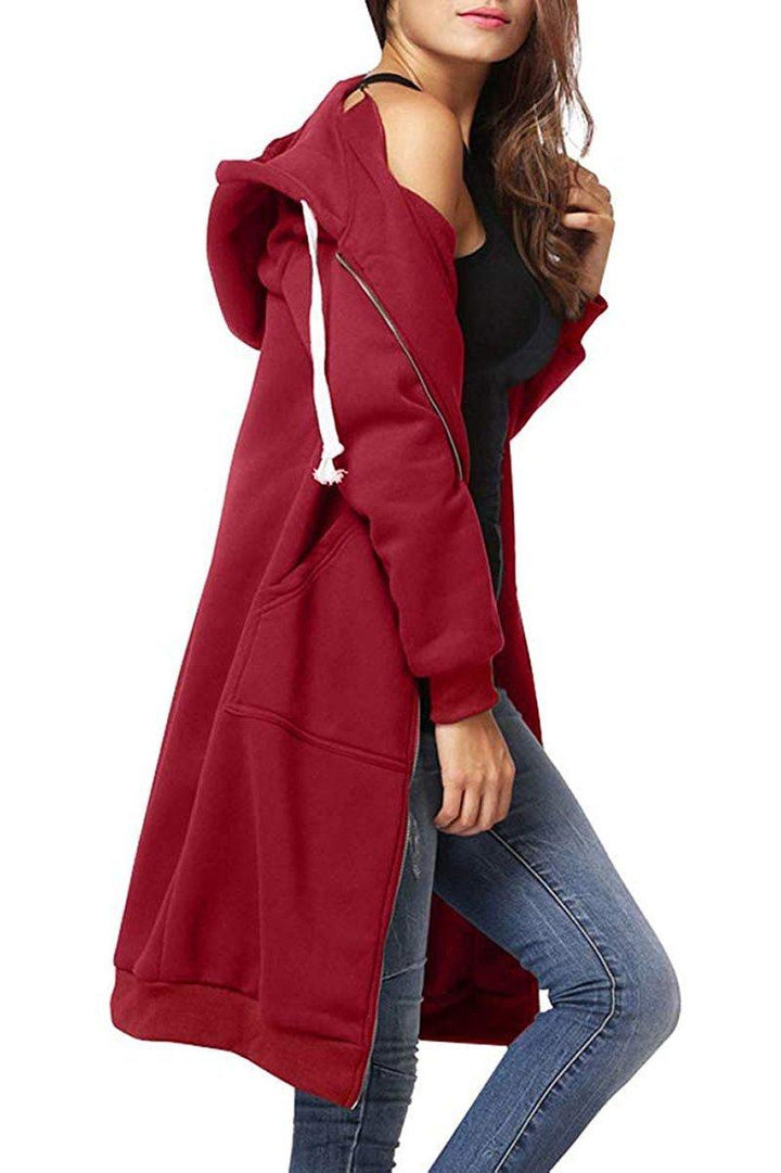 Moderner Damen Langarm Kapuzensweatshirt mit Reißverschluss und Kordelzug-Kapuze, sehr bequem.