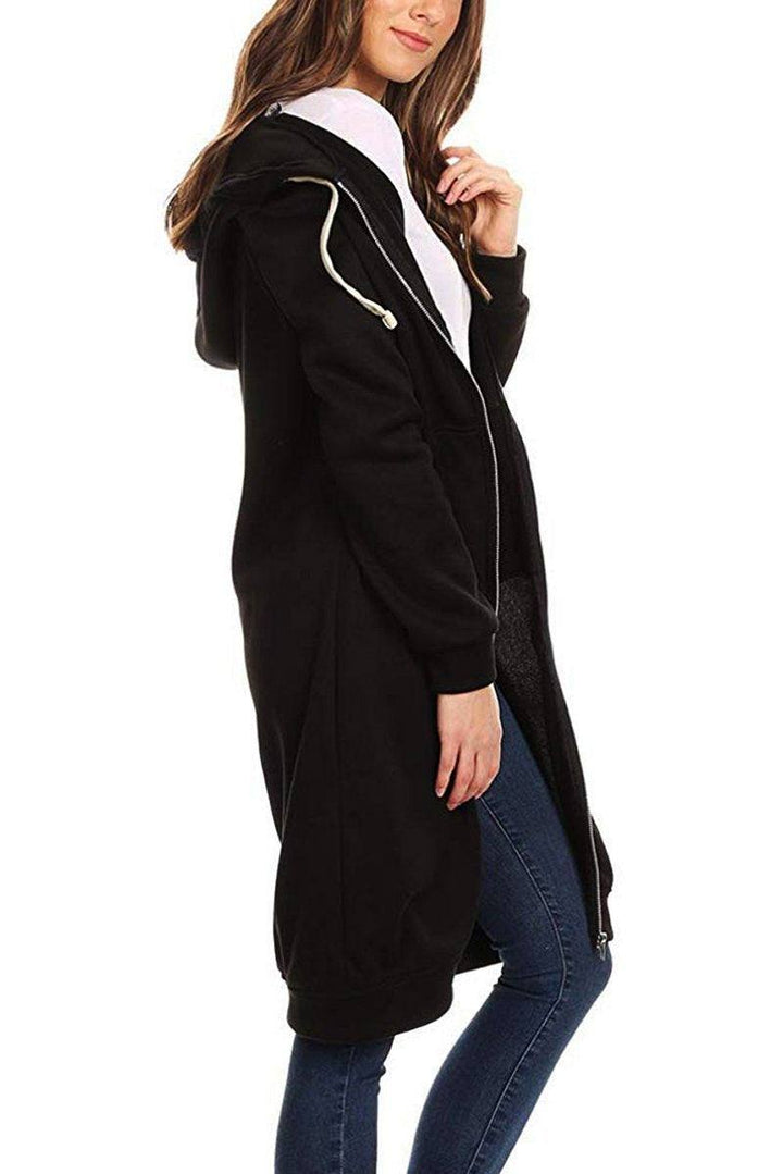 Schwarzer Damen Winter Hoodie Langarm mit Reißverschluss, Kordelzug und warmer Kapuze.