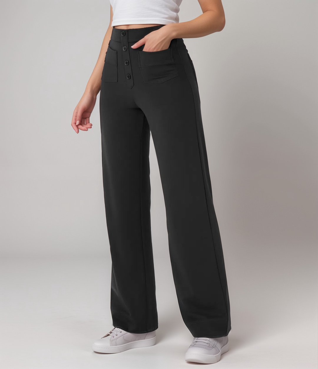 Damen High Waist Hose mit weitem Bein, elastisch & formend, ideal für Büro & Freizeit.