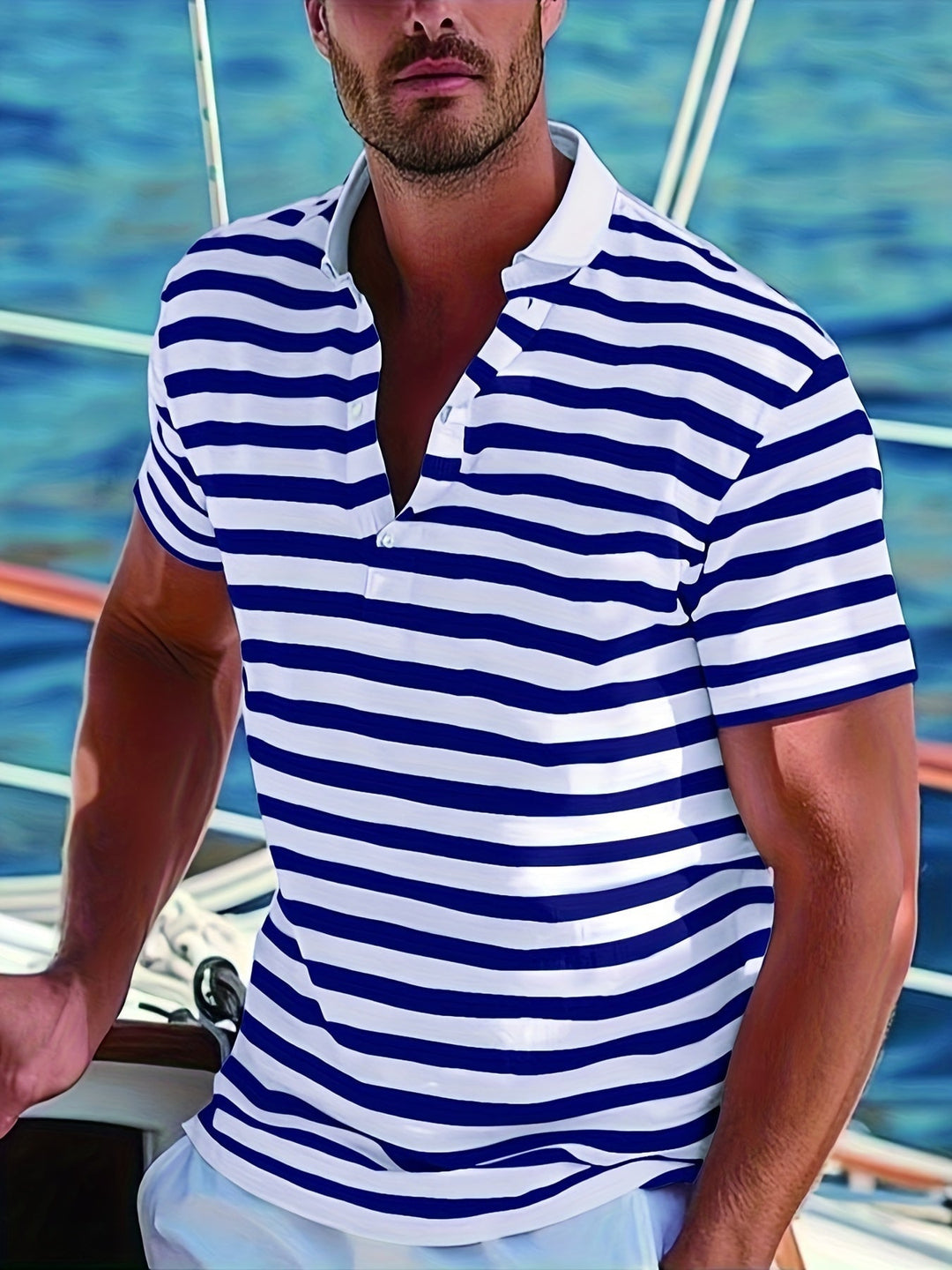 Herren Maritimes Poloshirt mit stilvollem Streifen-Look für den Sommer, ideal für Freizeit.