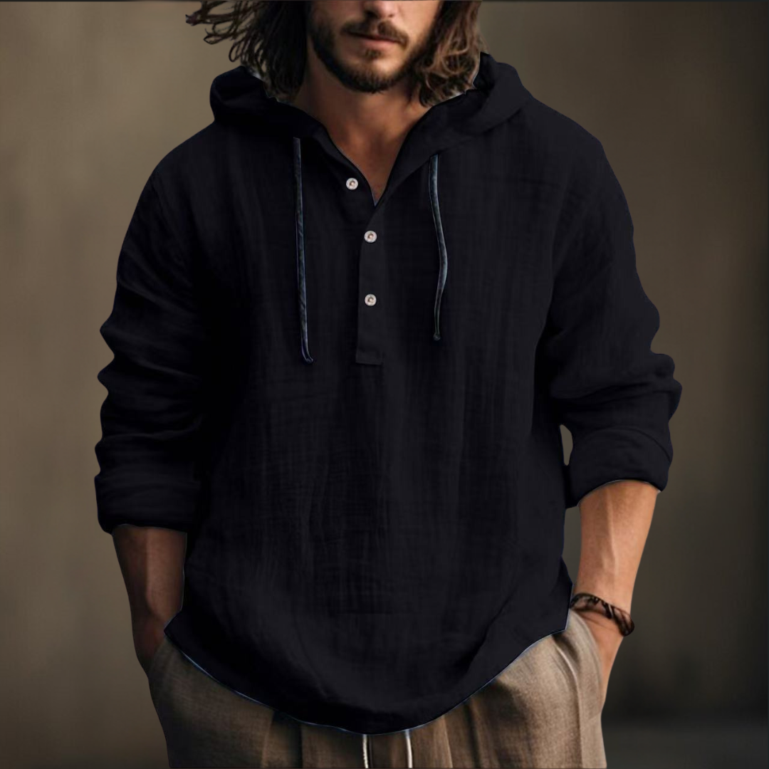 Casual Herren Kapuzenshirt mit Knopfleiste. Ideal als vielseitige Freizeitmode für Männer.