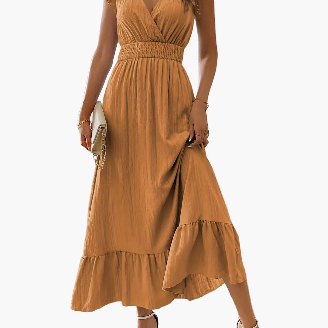 Elegantes Damenkleid: Maxilänge, V-Ausschnitt, Volantärmel, perfekt für formelle Anlässe.