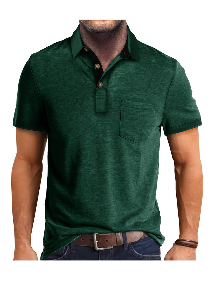 Herrenmode Poloshirt mit Kontrastkragen und Brusttasche, stilvoll und praktisch.