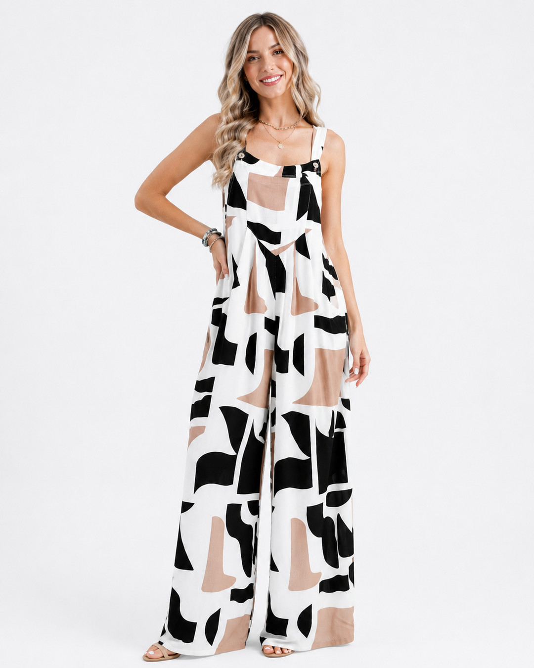 Bequemer bedruckter Damen Sommer Jumpsuit mit weitem Bein; ärmellos und luftig für heiße Tage.