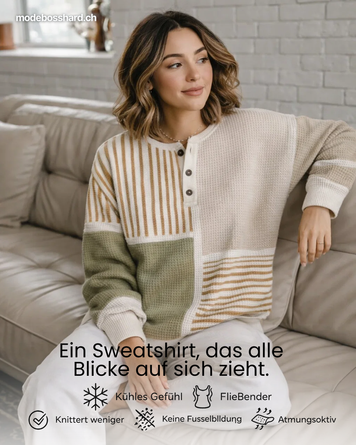 Detailaufnahme: Gemustertes Damen Sweatshirt in modernem Design, locker geschnitten und sehr bequem.