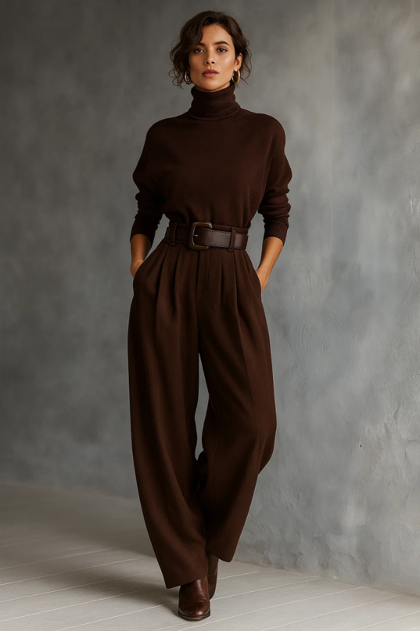 Schwarzer Damen Jumpsuit mit hohem Hals, Gürtel & weitem Bein; elegante lockere Passform für jeden Anlass.