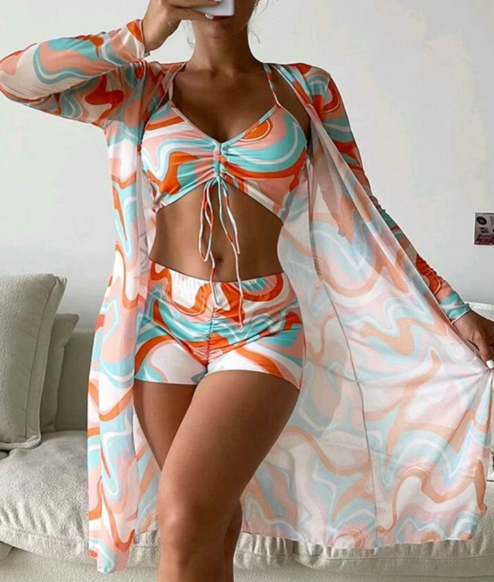 Modisches Damen Bikini Set (dreiteilig) in leuchtenden Farben, perfekt für Strand, Pool & Urlaub im Sommer.
