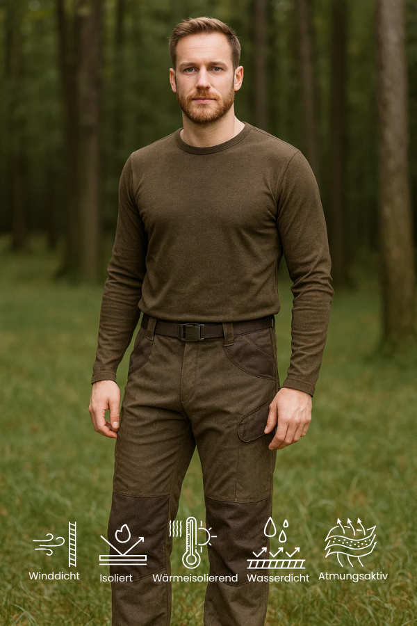 Herren Outdoor Hose in Dunkelbeige, atmungsaktiv & wasserabweisend. Ideal als geräuscharme Jagd- & Trekkinghose.