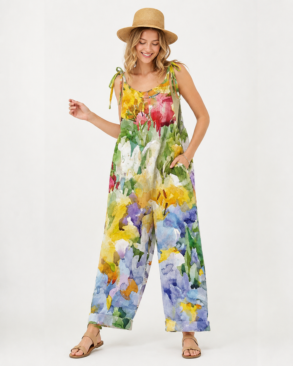 Bequemer Damen Sommer Jumpsuit mit floralem Druck, V-Ausschnitt und weitem Bein, perfekt für Freizeit & Urlaub.