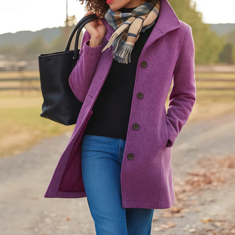 Eleganter Damen Knopfmantel mit langen Ärmeln in klassischem Schwarz. Perfekt für stilvolle Business-Looks.
