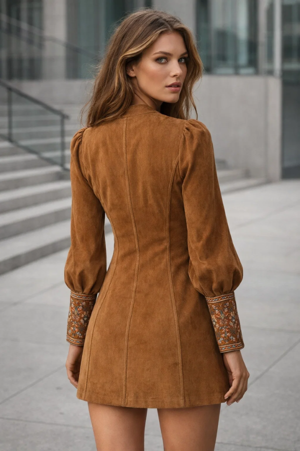 Nahaufnahme der zarten Blumenstickerei auf dem eleganten, kurzarmlosen Damen Minikleid. Hochwertige Details.