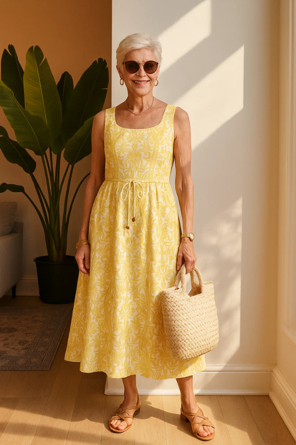 Elegantes gelbes Sommer-Maxikleid für Damen mit Blumenmuster & Quadrat-Ausschnitt. Perfekt für Urlaub und Freizeit.