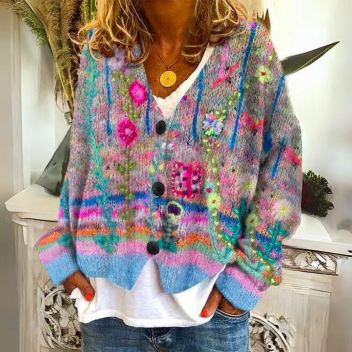 Stilvoller, bequemer Damen Cardigan Hannah. Lockere, farbenfrohe Strickjacke mit Langarm, vielseitig.