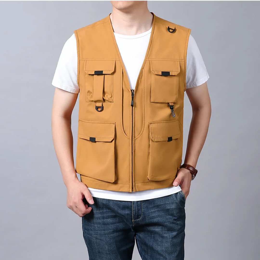 Leichte Herren Anglerweste mit vielen Fächern, khaki, für Angelausflüge & Outdoor.