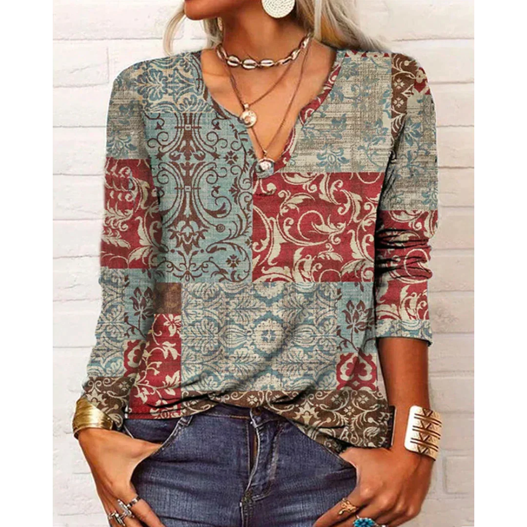Damen Boho Bluse mit farbenfrohem Muster, V-Ausschnitt & Langarm. Ideal für Frühling & Sommer Freizeit.