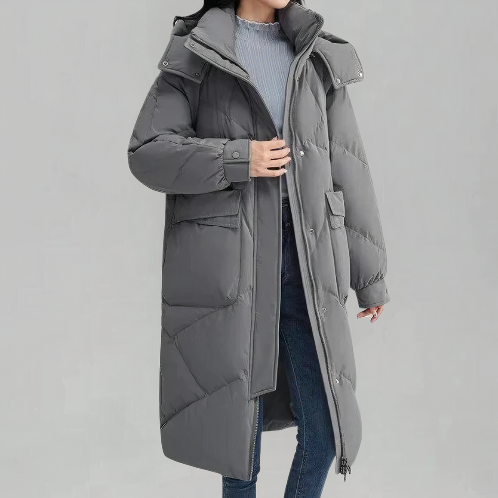 Stilvolle, komfortable Damen-Winterjacke, lang und schick. Warme Oberbekleidung für elegante Wintermode.
