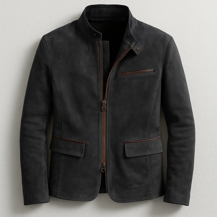 Schwarze Herren Slim Fit Jacke mit Stehkragen und Reißverschluss, elegante Übergangsjacke für moderne Freizeit-Looks.