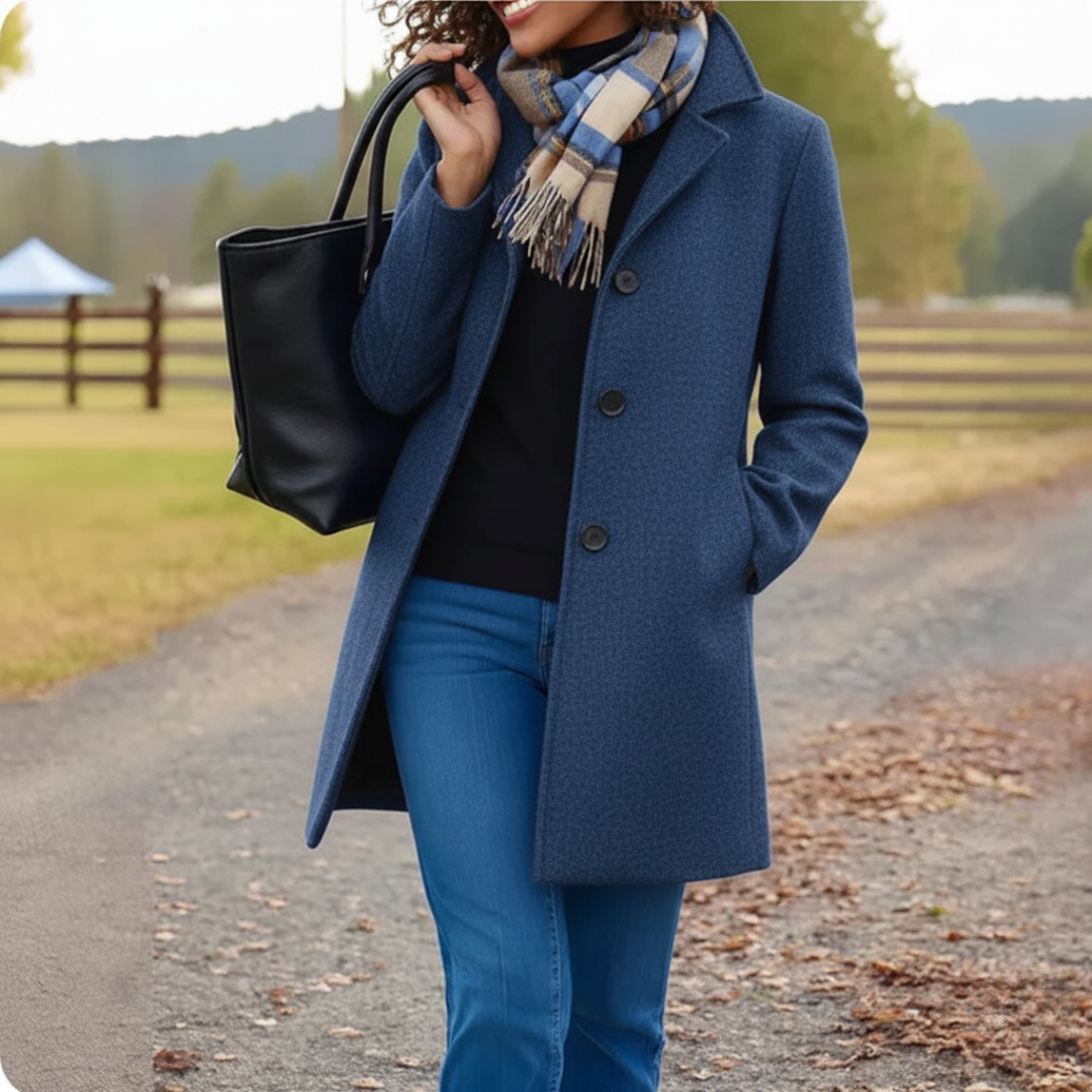 Stilvoller Damen Herbst-/Frühlingsmantel, klassisch, mit Knopfverschluss, für elegante Outfits.
