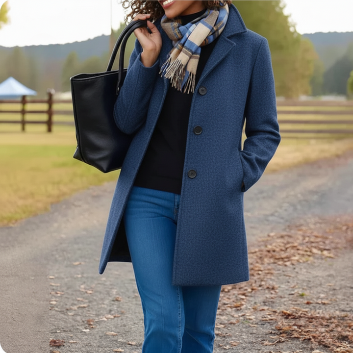 Stilvoller Damen Herbst-/Frühlingsmantel, klassisch, mit Knopfverschluss, für elegante Outfits.