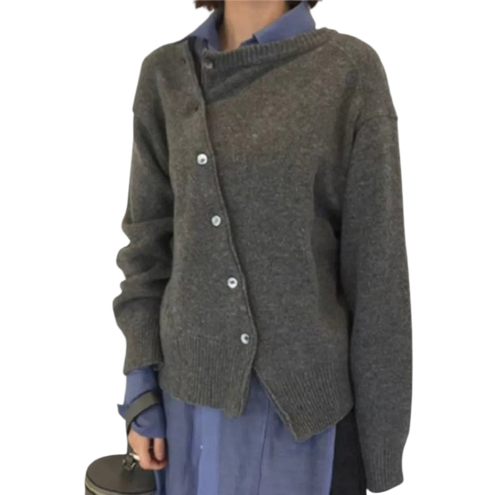 Brauner Damen Oversized Cardigan mit Knopfleiste & asymmetrischem Ausschnitt, perfekt für elegante Freizeitlooks.