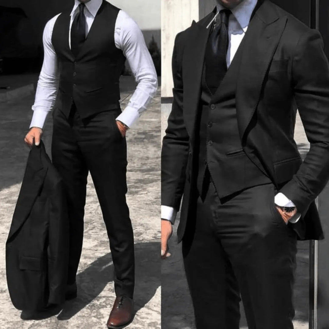 Stilvoller schwarzer Herrenanzug, dreiteilig, klassisch und elegant, perfekt für Business, Hochzeit oder festliche Anlässe.