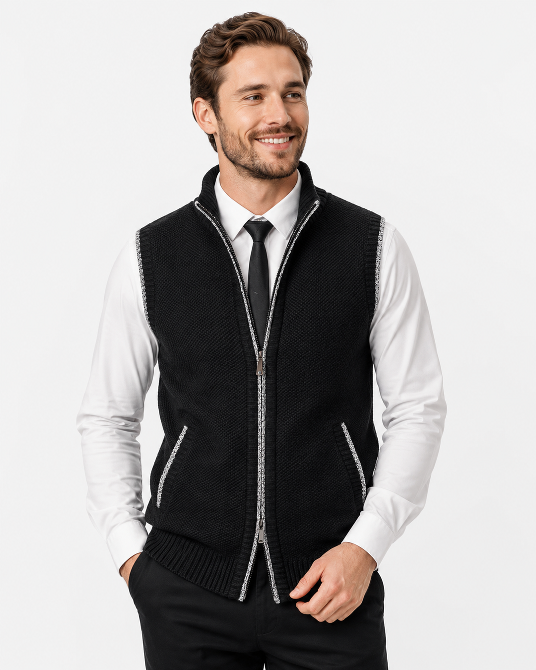 Warme Herren Woll-Strickweste mit Samtfutter und Reißverschluss, perfekt zum Layering im Winter.