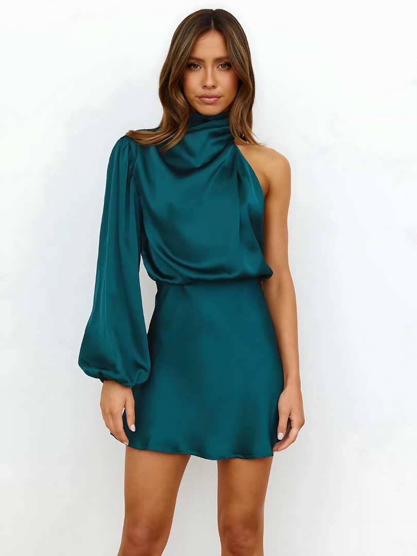 Dunkelblaues elegantes One-Shoulder Partykleid für Damen, ein tailliertes Midikleid für besondere Momente.
