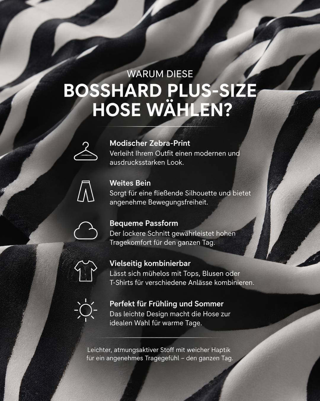 Modische Plus-Size Damenhose mit einzigartigem Zebramuster. Eine bequeme Wahl für Frühling/Sommer.