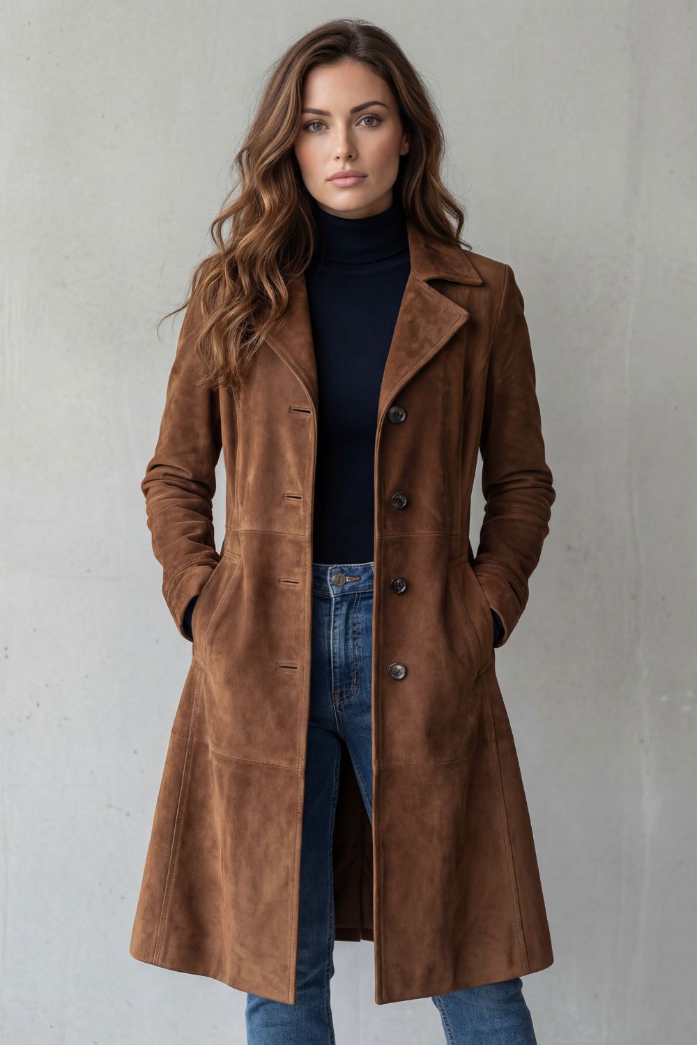 Komfortabler Damen Longmantel in Wildlederoptik, elegant tailliert, passend für Herbst- & Wintermode.