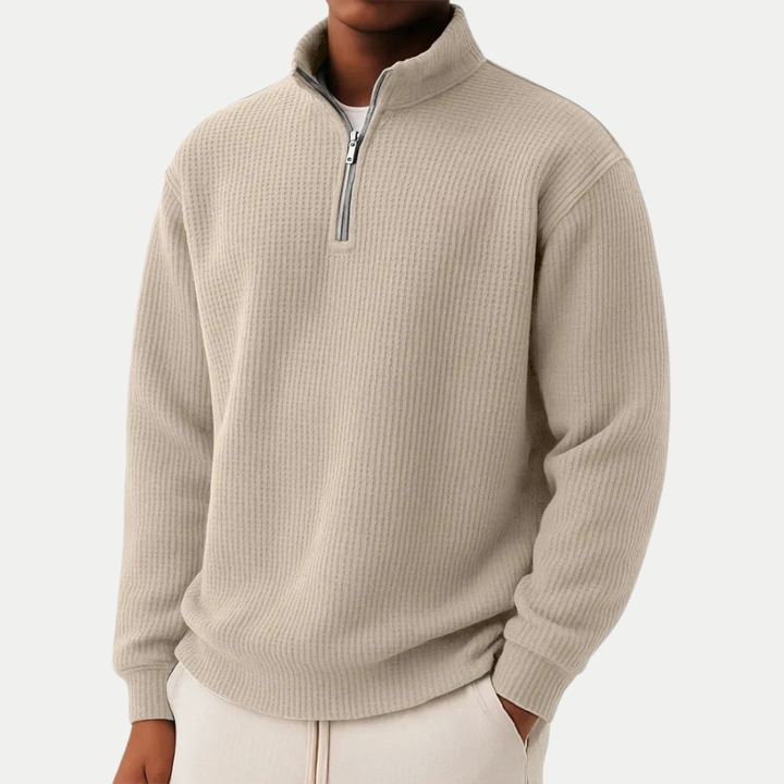 Bequemer Freizeit-Pullover für Herren, Langarm, Stehkragen, mit Reißverschluss-Detail.