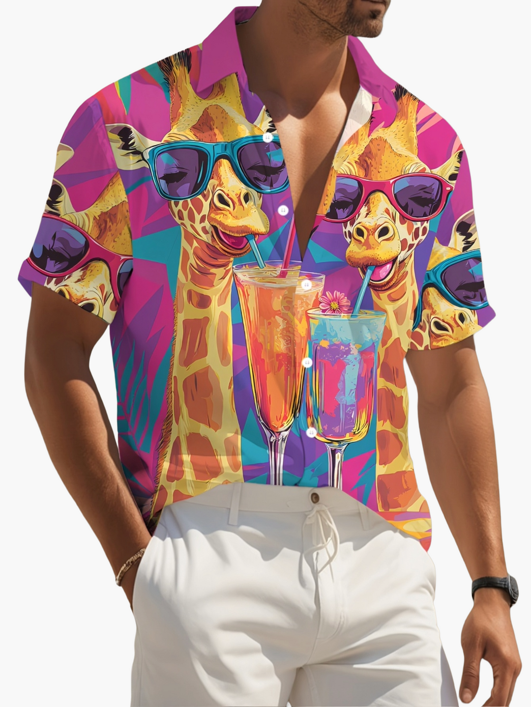 Modernes Herren Kurzarmhemd: Hawaii-Hemd mit einzigartigem Giraffen- & Cocktail-Muster. Ideal für den Urlaub.
