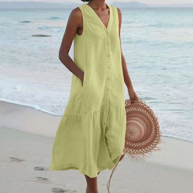 Vielseitiges Damen Maxikleid, ärmellos und mit V-Ausschnitt. Perfektes Sommerkleid für Freizeit, Strand oder Urlaub.