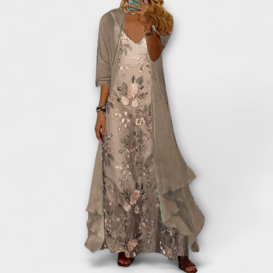 Beiges Damen Sommerkleid, elegant & bodenlang, perfekt als Abendkleid oder Partykleid für besondere Anlässe.