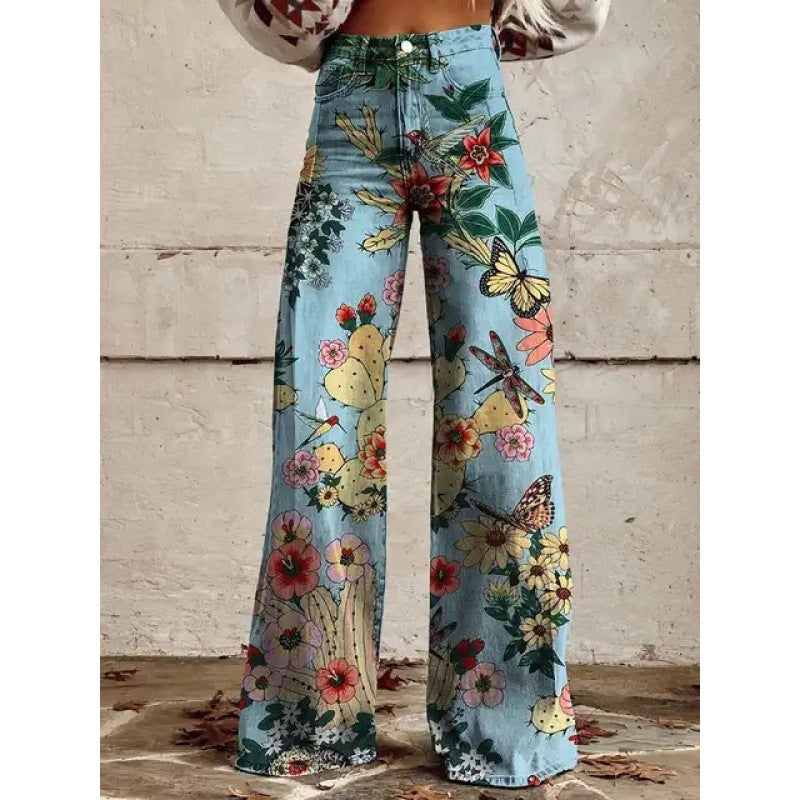 Feminine Damen Schlaghose mit verspieltem Retro Blumenmuster für trendige Outfits.