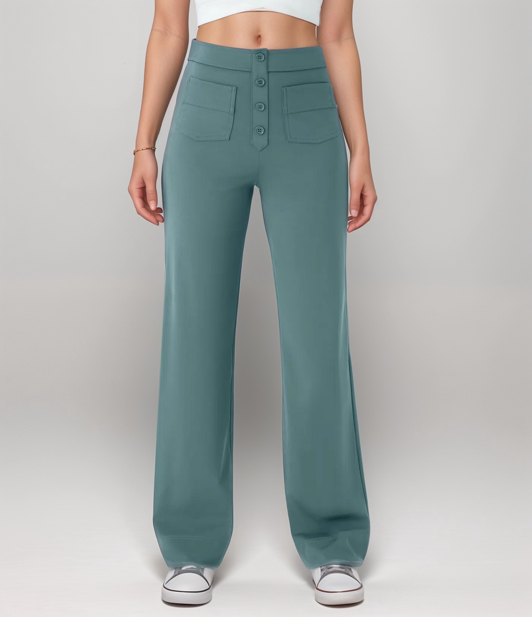 Elegante Damen Bürohose, High Waist, weites Bein, formend und stretchig für Komfort.