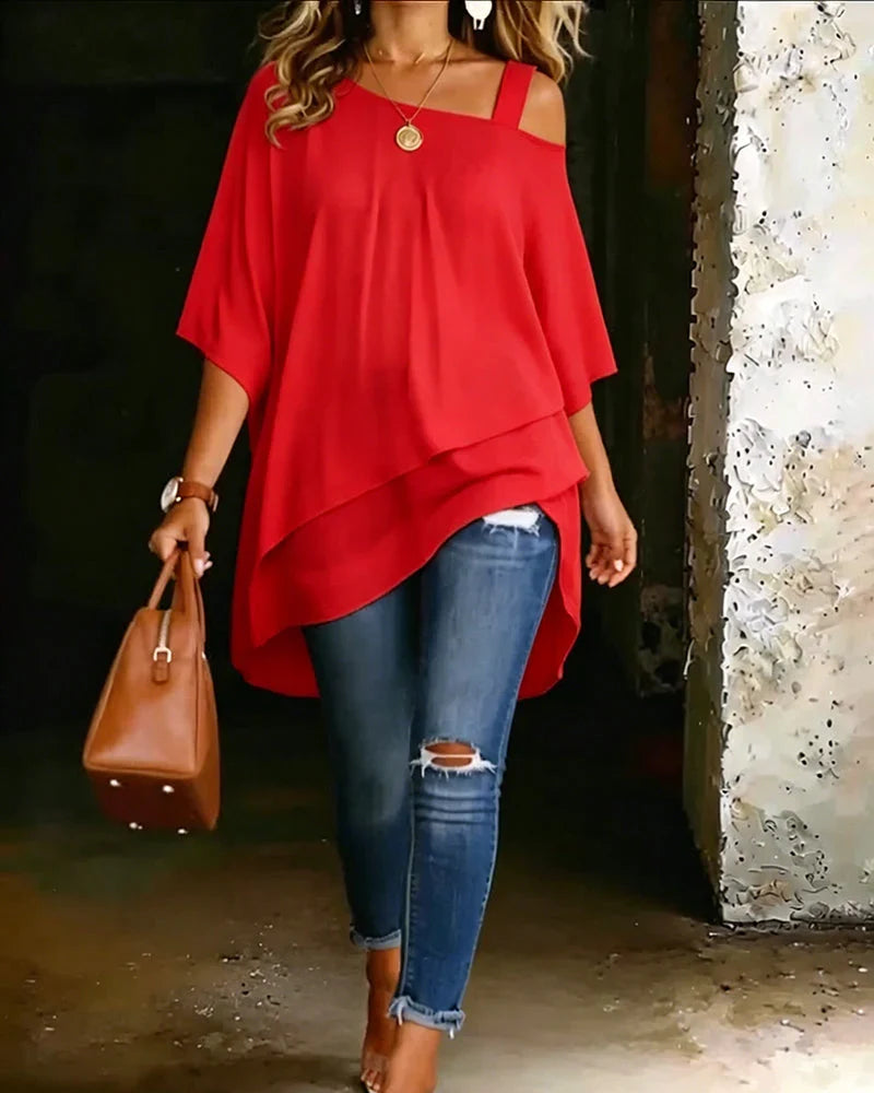 Vielseitige Damen Bluse: Asymmetrische Tunika mit Cold Shoulder Ausschnitt. Fließendes Lagenlook Oberteil für jeden Anlass.