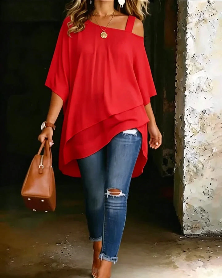 Vielseitige Damen Bluse: Asymmetrische Tunika mit Cold Shoulder Ausschnitt. Fließendes Lagenlook Oberteil für jeden Anlass.