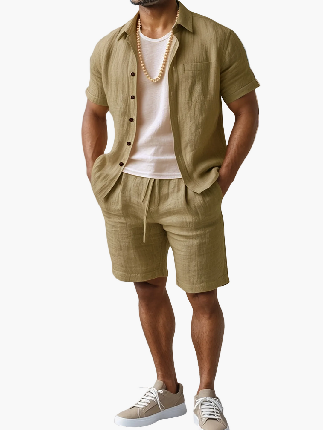 Herren Boho Sommer Set: Bequemes Kurzarmhemd und Shorts für entspannte Tage.
