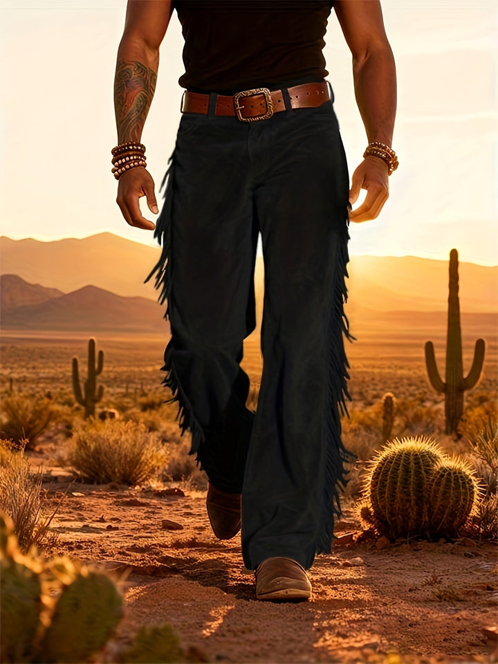 Herren Freizeithose in Wildlederoptik mit markanten Fransen, Western-Look, lockere Passform.