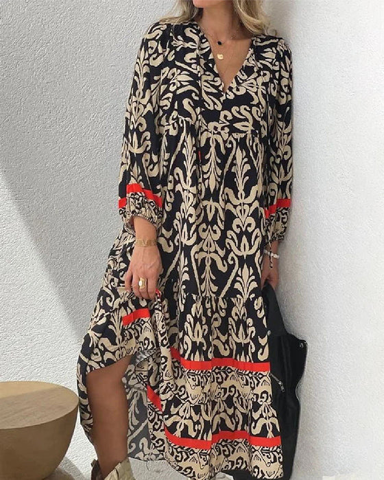 Elegantes Damen Maxikleid im Bohème-Stil mit Damask-Muster und langen Ärmeln, vielseitig für jeden Anlass.