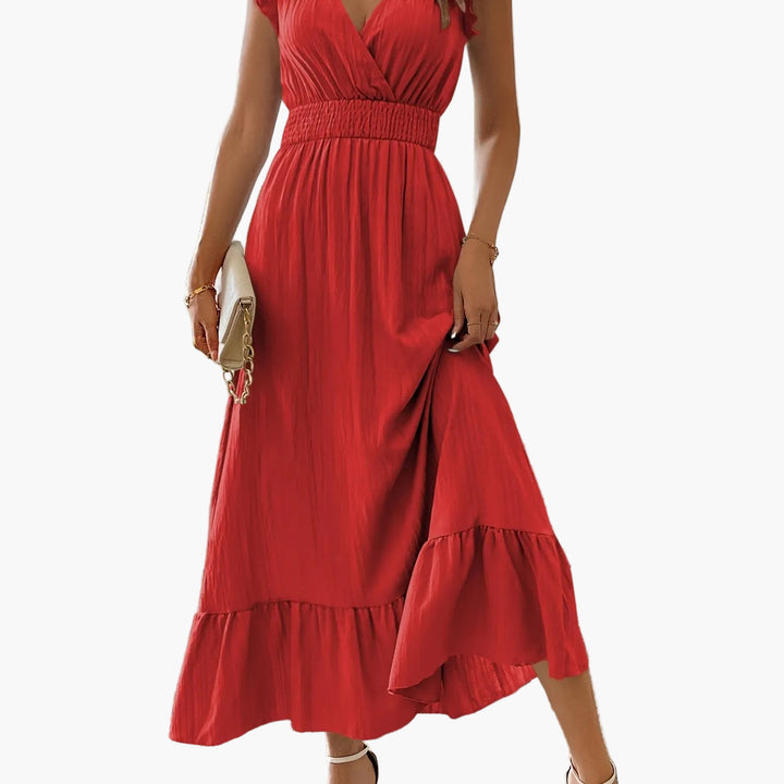 Schmeichelndes Damen Maxikleid mit Volantärmeln & V-Ausschnitt, für Sommer & besondere Momente.