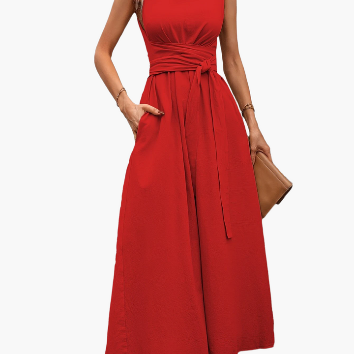 Moderner Damen Jumpsuit mit weitem Bein und ärmellosem Design, sehr bequem.