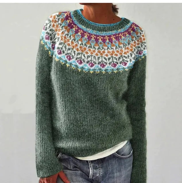 Stilvoller Damen Pulli im Nordic Retro-Stil. Farbenfrohes Oberteil für Frauen, perfekt für herbstliche & winterliche Outfits.